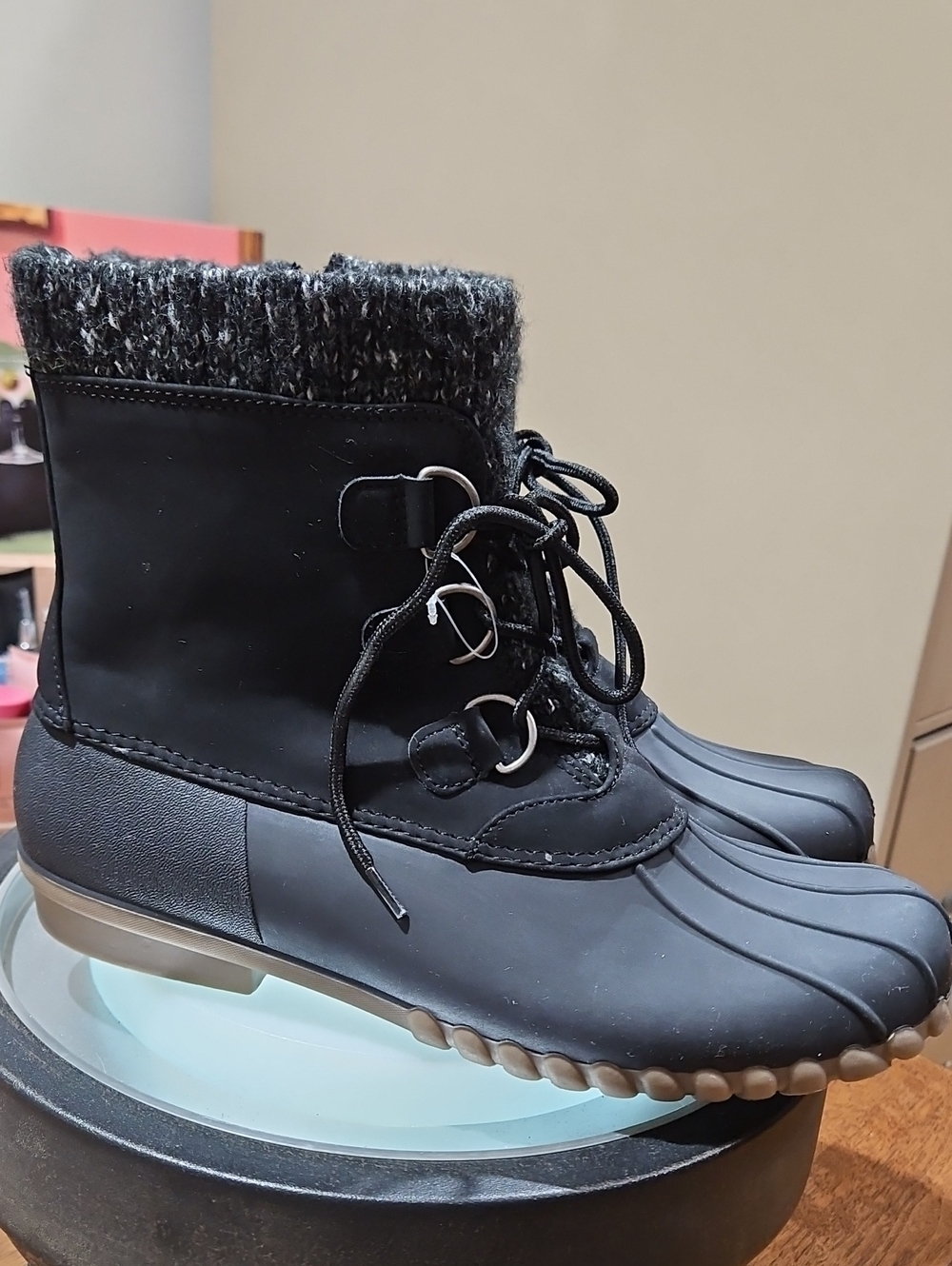 BareTraps Black Lace-Up Winter-Rain Boots with Heathered Knit Collar